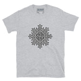 A sport grey Xigfireon graphic t-shirt featuring the Black & White Solid iteration of the `Morning Star Fire` Celtic knot design. The `Morning Star Fire` Celtic knot symbolizes the Sun.