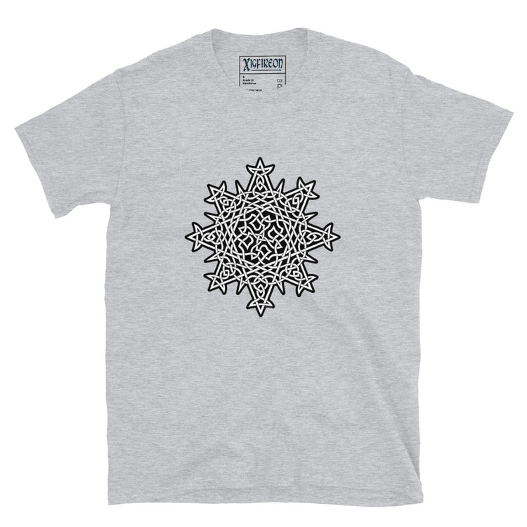 A sport grey Xigfireon graphic t-shirt featuring the Black & White Solid iteration of the `Morning Star Fire` Celtic knot design. The `Morning Star Fire` Celtic knot symbolizes the Sun.