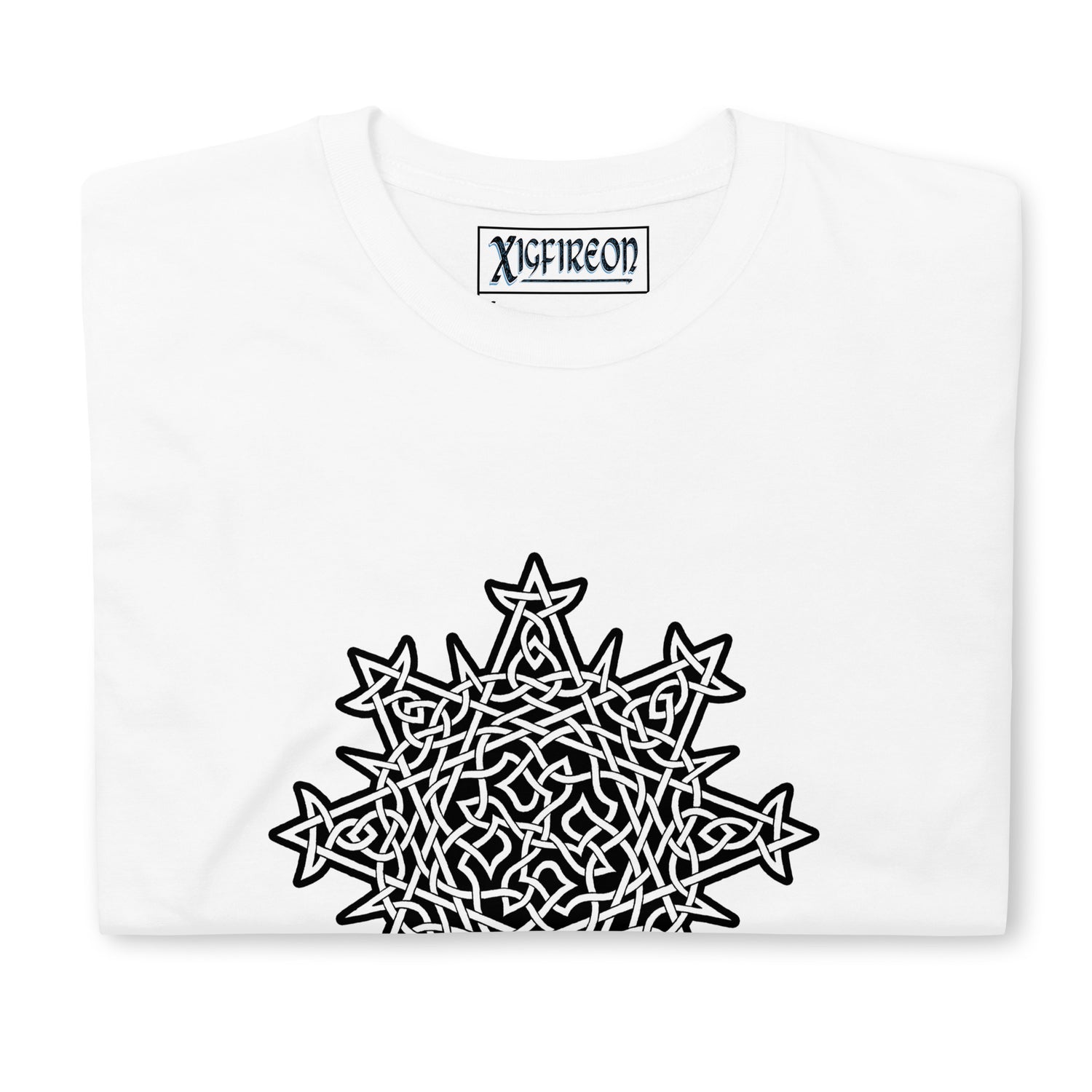 A folded white Xigfireon graphic t-shirt featuring the Black & White Solid iteration of the `Morning Star Fire` Celtic knot design. The `Morning Star Fire` Celtic knot symbolizes the Sun.