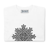 A folded white Xigfireon graphic t-shirt featuring the Black & White Solid iteration of the `Morning Star Fire` Celtic knot design. The `Morning Star Fire` Celtic knot symbolizes the Sun.