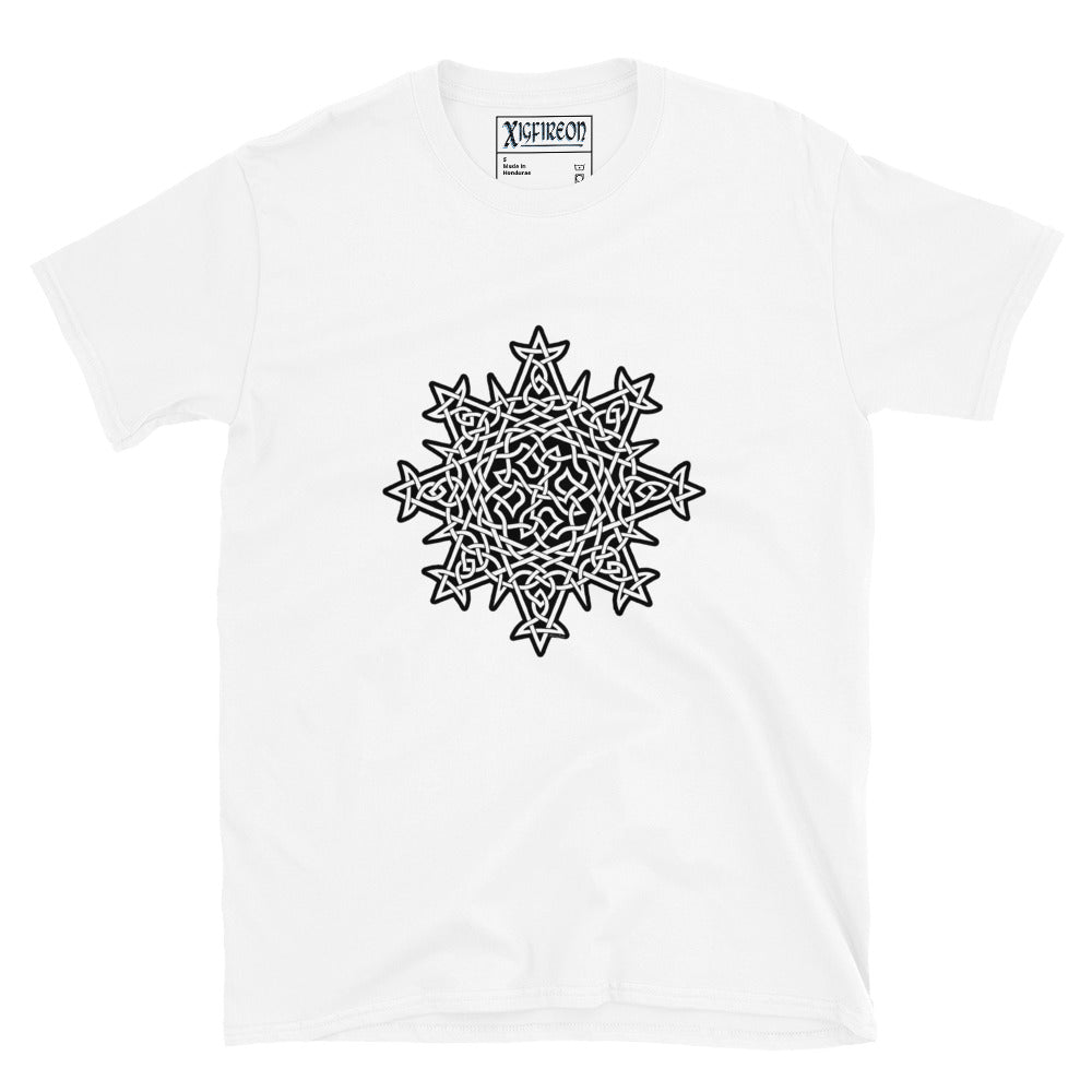 A white Xigfireon graphic t-shirt featuring the Black & White Solid iteration of the `Morning Star Fire` Celtic knot design. The `Morning Star Fire` Celtic knot symbolizes the Sun.