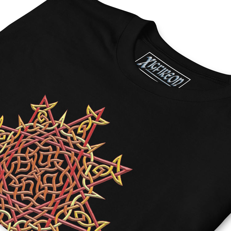 A close-up view of a black Xigfireon graphic t-shirt featuring the Fire Colour iteration of the `Morning Star Fire` Celtic knot design. The `Morning Star Fire` Celtic knot symbolizes the Sun.