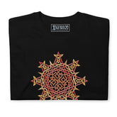 A folded black white Xigfireon graphic t-shirt featuring the Fire Colour iteration of the `Morning Star Fire` Celtic knot design. The `Morning Star Fire` Celtic knot symbolizes the Sun.