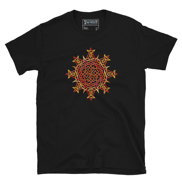 A black Xigfireon graphic t-shirt featuring the Fire Colour iteration of the `Morning Star Fire` Celtic knot design. The `Morning Star Fire` Celtic knot symbolizes the Sun.