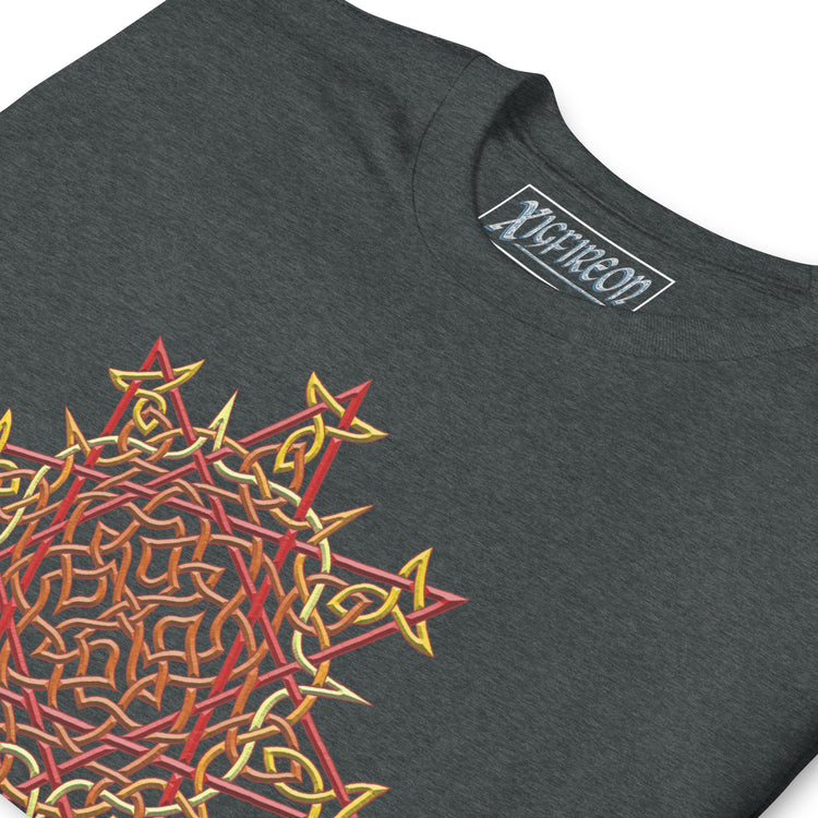 A close-up view of a dark heather Xigfireon graphic t-shirt featuring the Fire Colour iteration of the `Morning Star Fire` Celtic knot design. The `Morning Star Fire` Celtic knot symbolizes the Sun.