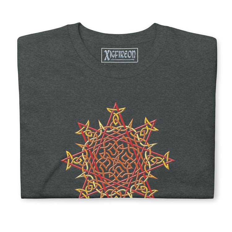 A folded dark heather Xigfireon graphic t-shirt featuring the Fire Colour iteration of the `Morning Star Fire` Celtic knot design. The `Morning Star Fire` Celtic knot symbolizes the Sun.