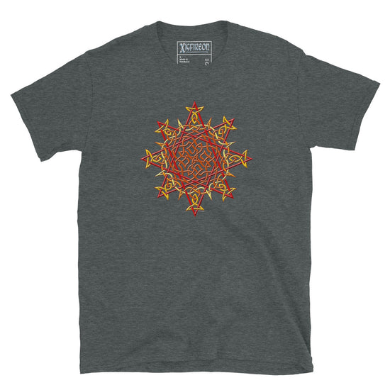 A dark heather Xigfireon graphic t-shirt featuring the Fire Colour iteration of the `Morning Star Fire` Celtic knot design. The `Morning Star Fire` Celtic knot symbolizes the Sun.