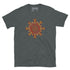 A dark heather Xigfireon graphic t-shirt featuring the Fire Colour iteration of the `Morning Star Fire` Celtic knot design. The `Morning Star Fire` Celtic knot symbolizes the Sun.