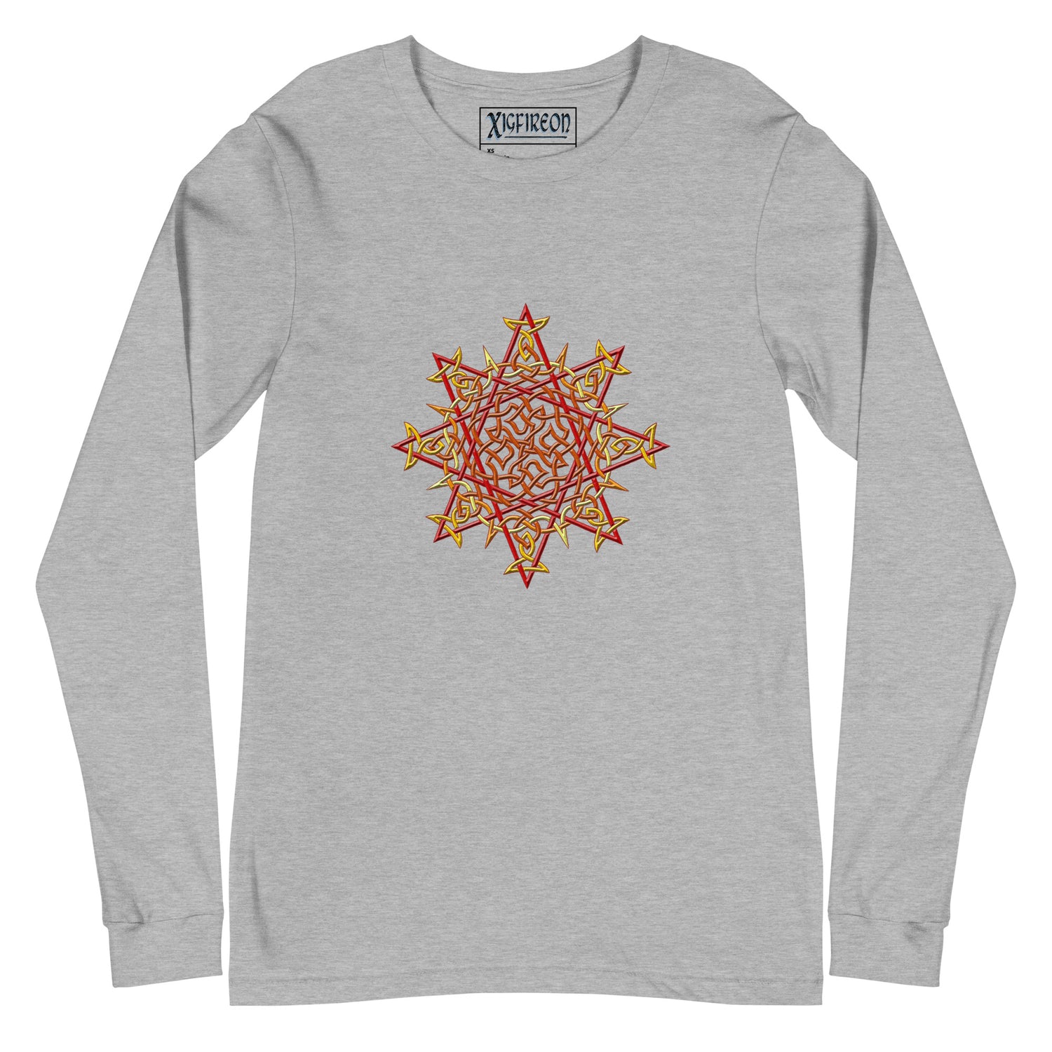 An athletic heather Xigfireon long sleeve graphic t-shirt featuring the Fire Colour iteration of the `Morning Star Fire` Celtic knot design. The `Morning Star Fire` Celtic knot is a Sun symbol.