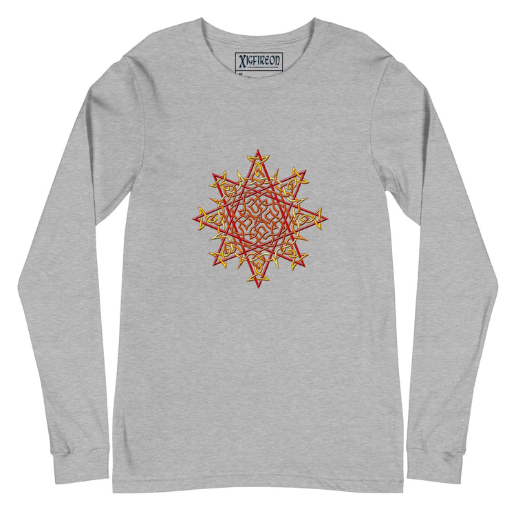 An athletic heather Xigfireon long sleeve graphic t-shirt featuring the Fire Colour iteration of the `Morning Star Fire` Celtic knot design. The `Morning Star Fire` Celtic knot is a Sun symbol.