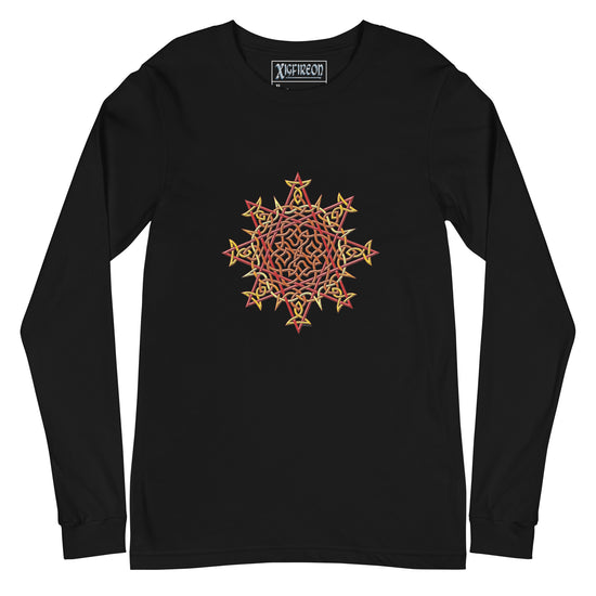 A black Xigfireon long sleeve graphic t-shirt featuring the Fire Colour iteration of the `Morning Star Fire` Celtic knot design. The `Morning Star Fire` Celtic knot is a Sun symbol.