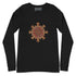 A black heather Xigfireon long sleeve graphic t-shirt featuring the Fire Colour iteration of the `Morning Star Fire` Celtic knot design. The `Morning Star Fire` Celtic knot is a Sun symbol.