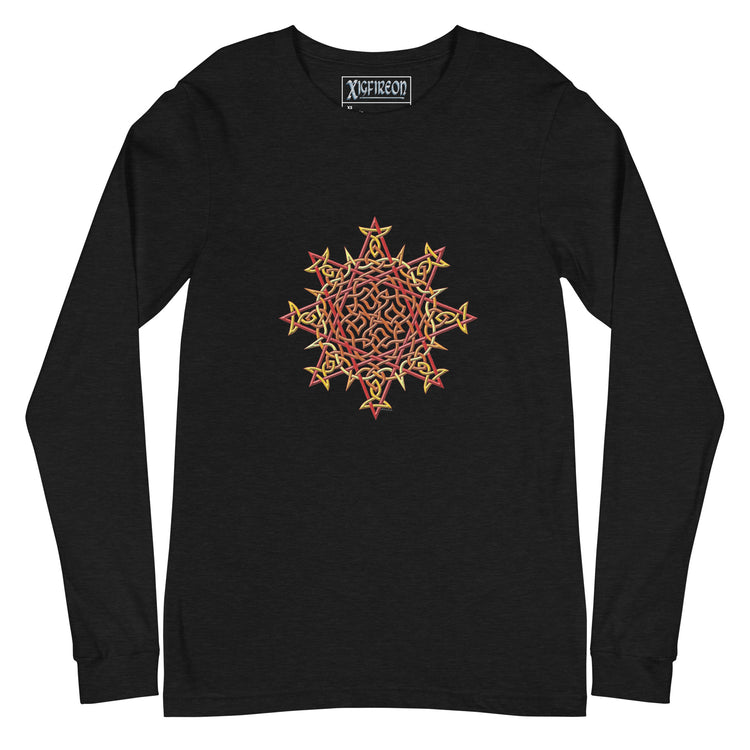 A black heather Xigfireon long sleeve graphic t-shirt featuring the Fire Colour iteration of the `Morning Star Fire` Celtic knot design. The `Morning Star Fire` Celtic knot is a Sun symbol.