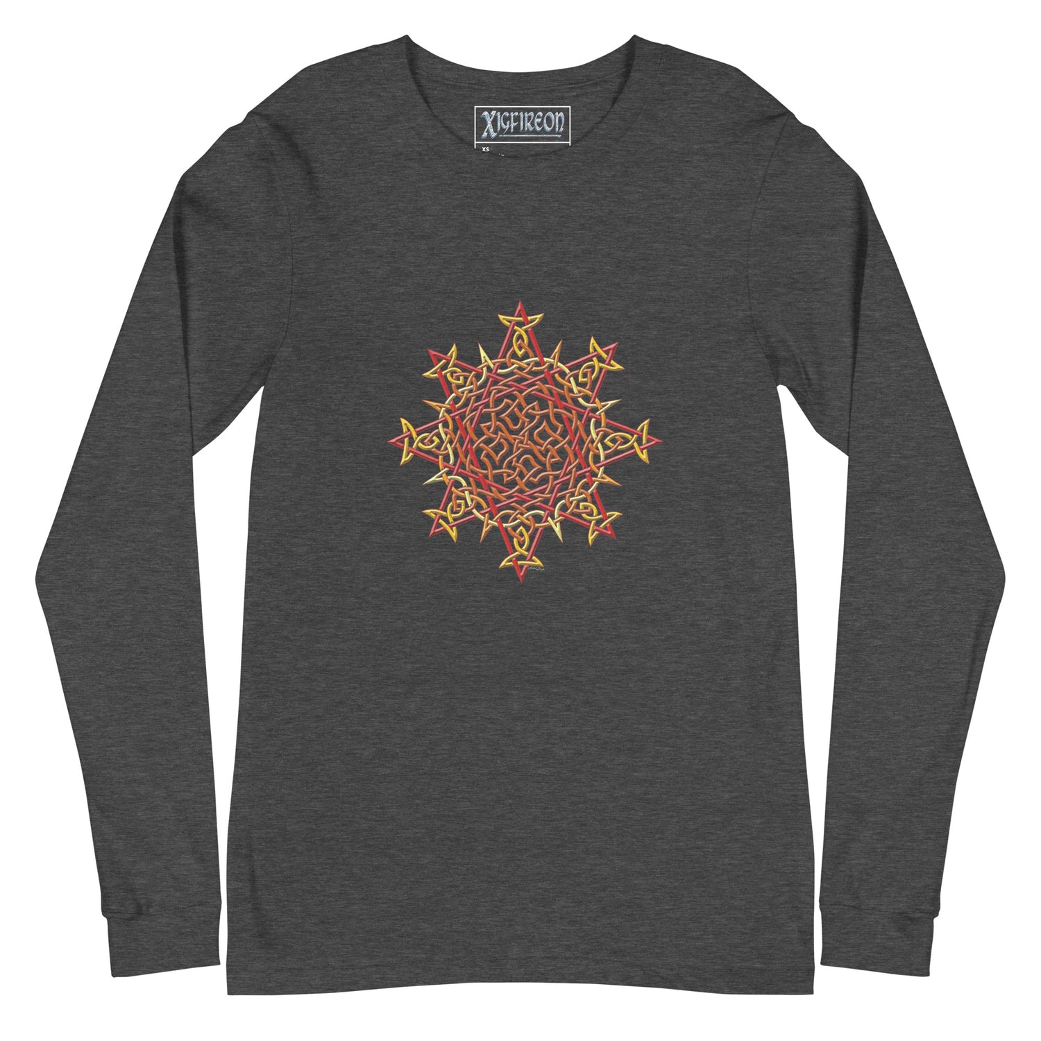 A dark grey heather Xigfireon long sleeve graphic t-shirt featuring the Fire Colour iteration of the `Morning Star Fire` Celtic knot design. The `Morning Star Fire` Celtic knot is a Sun symbol.