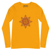 A gold Xigfireon long sleeve graphic t-shirt featuring the Fire Colour iteration of the `Morning Star Fire` Celtic knot design. The `Morning Star Fire` Celtic knot is a Sun symbol.