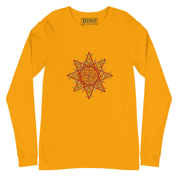 A gold Xigfireon long sleeve graphic t-shirt featuring the Fire Colour iteration of the `Morning Star Fire` Celtic knot design. The `Morning Star Fire` Celtic knot is a Sun symbol.