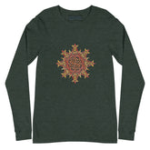 A heather forest green Xigfireon long sleeve graphic t-shirt featuring the Fire Colour iteration of the `Morning Star Fire` Celtic knot design. The `Morning Star Fire` Celtic knot is a Sun symbol.