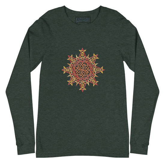 A heather forest green Xigfireon long sleeve graphic t-shirt featuring the Fire Colour iteration of the `Morning Star Fire` Celtic knot design. The `Morning Star Fire` Celtic knot is a Sun symbol.