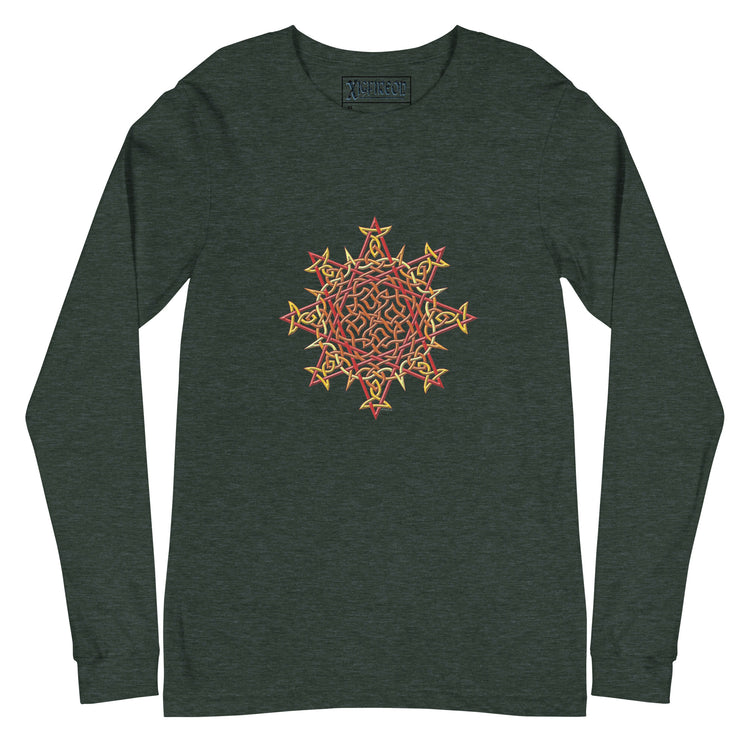 A heather forest green Xigfireon long sleeve graphic t-shirt featuring the Fire Colour iteration of the `Morning Star Fire` Celtic knot design. The `Morning Star Fire` Celtic knot is a Sun symbol.