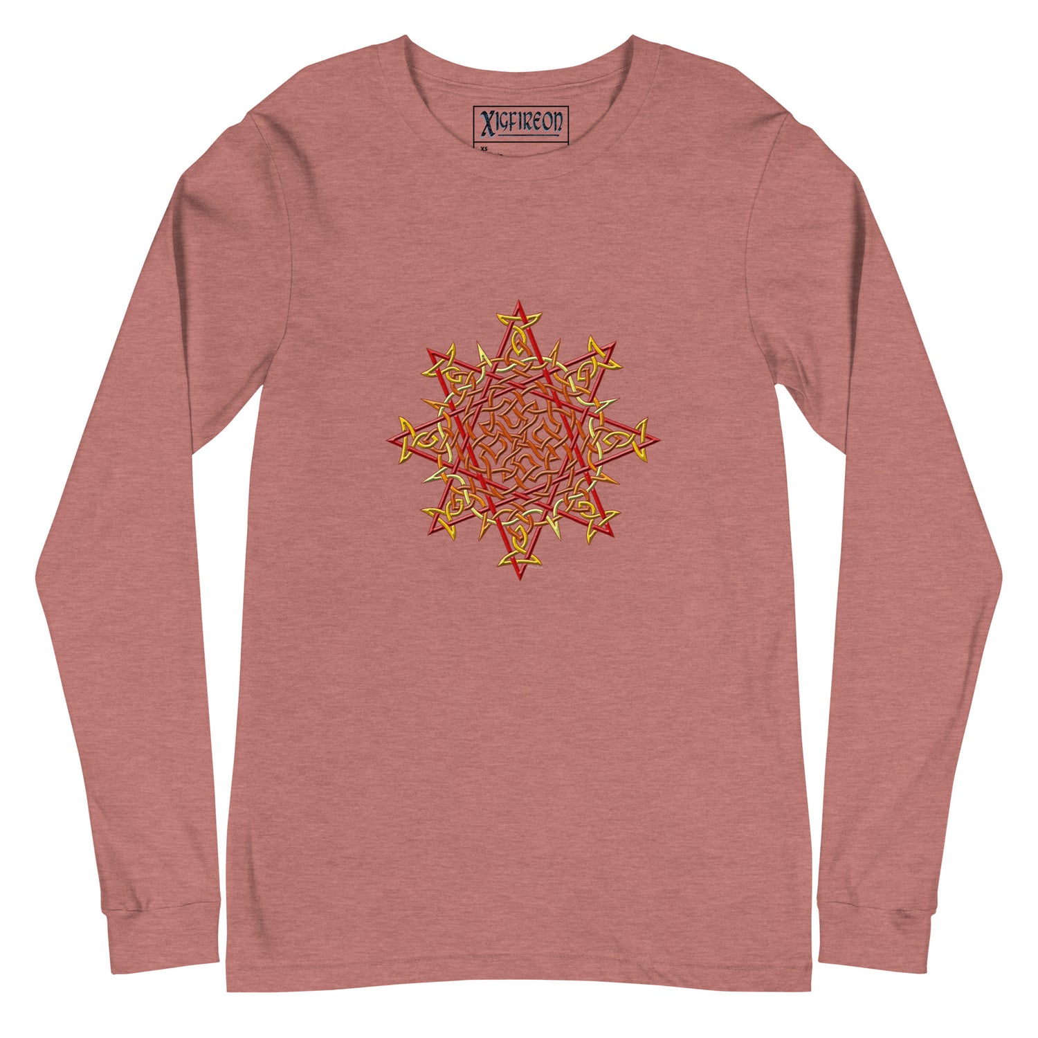 A heather mauve Xigfireon long sleeve graphic t-shirt featuring the Fire Colour iteration of the `Morning Star Fire` Celtic knot design. The `Morning Star Fire` Celtic knot is a Sun symbol.