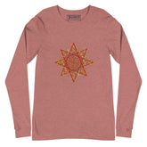 A heather mauve Xigfireon long sleeve graphic t-shirt featuring the Fire Colour iteration of the `Morning Star Fire` Celtic knot design. The `Morning Star Fire` Celtic knot is a Sun symbol.