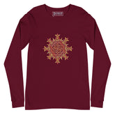 A maroon Xigfireon long sleeve graphic t-shirt featuring the Fire Colour iteration of the `Morning Star Fire` Celtic knot design. The `Morning Star Fire` Celtic knot is a Sun symbol.