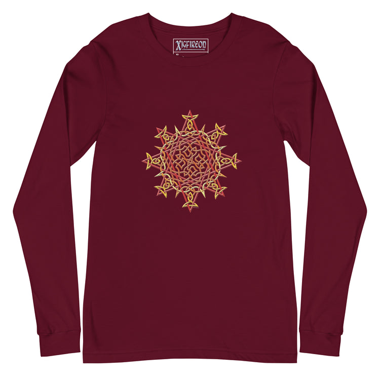 A maroon Xigfireon long sleeve graphic t-shirt featuring the Fire Colour iteration of the `Morning Star Fire` Celtic knot design. The `Morning Star Fire` Celtic knot is a Sun symbol.