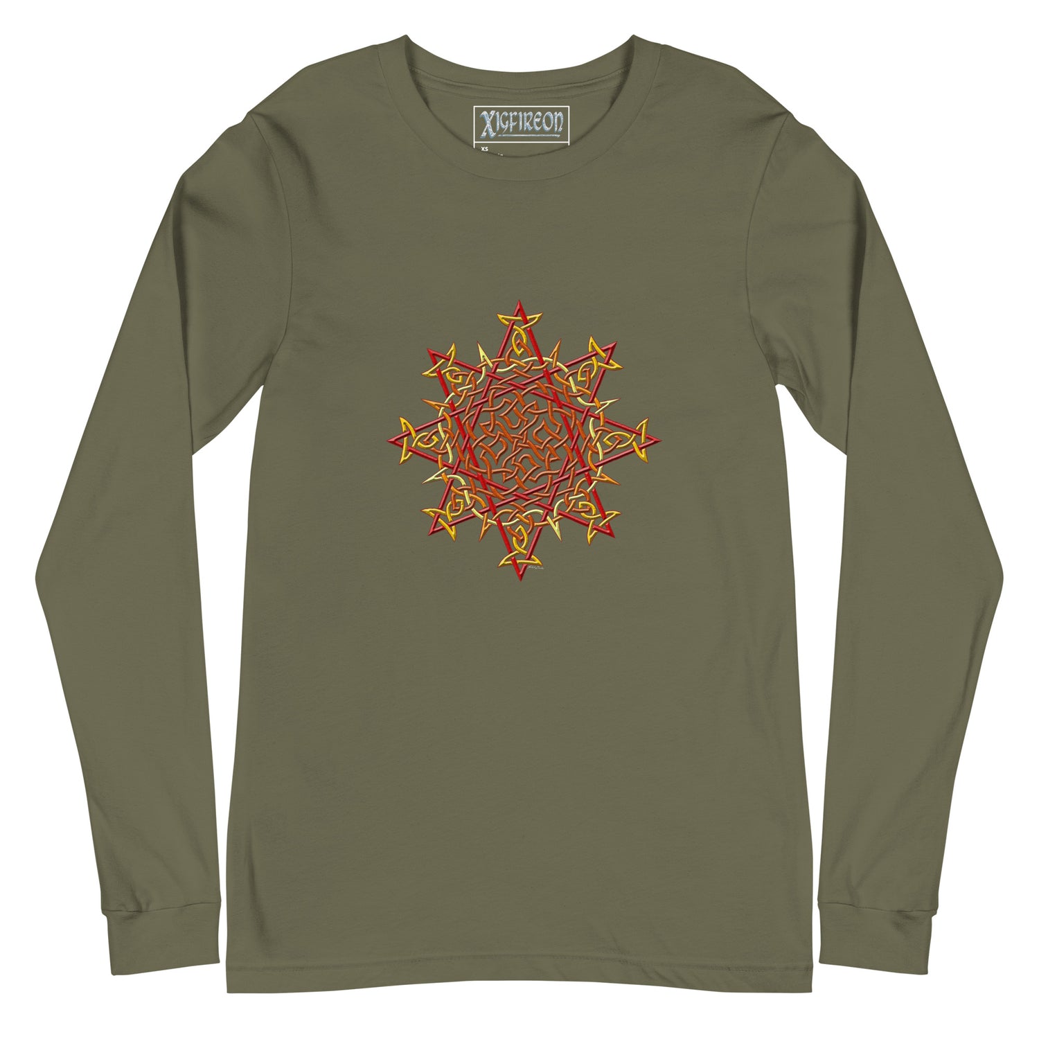 A military green Xigfireon long sleeve graphic t-shirt featuring the Fire Colour iteration of the `Morning Star Fire` Celtic knot design. The `Morning Star Fire` Celtic knot is a Sun symbol.