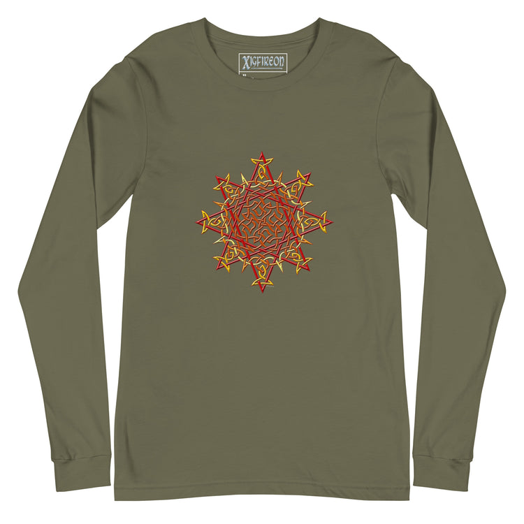 A military green Xigfireon long sleeve graphic t-shirt featuring the Fire Colour iteration of the `Morning Star Fire` Celtic knot design. The `Morning Star Fire` Celtic knot is a Sun symbol.