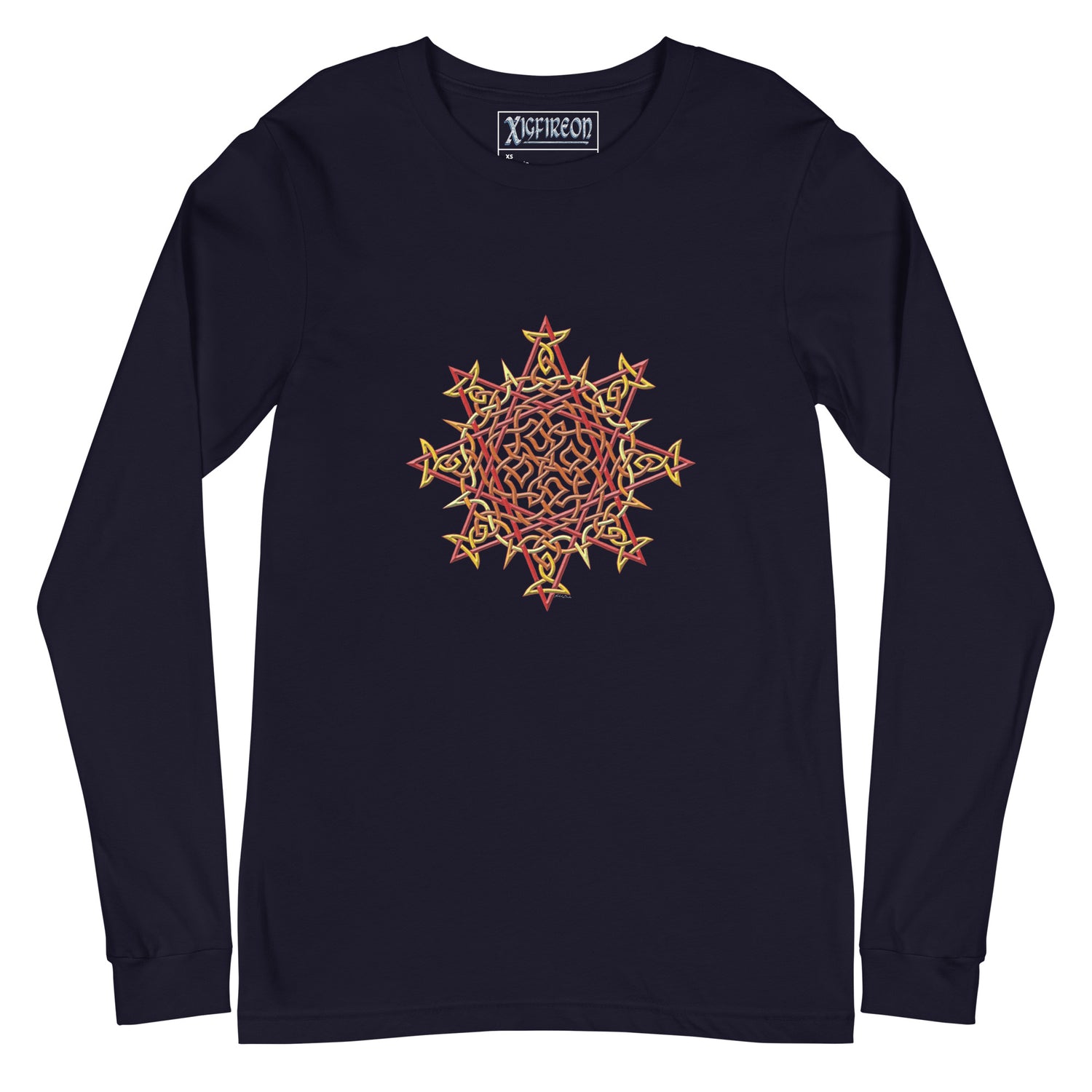 A navy blue Xigfireon long sleeve graphic t-shirt featuring the Fire Colour iteration of the `Morning Star Fire` Celtic knot design. The `Morning Star Fire` Celtic knot is a Sun symbol.