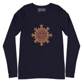 A navy blue Xigfireon long sleeve graphic t-shirt featuring the Fire Colour iteration of the `Morning Star Fire` Celtic knot design. The `Morning Star Fire` Celtic knot is a Sun symbol.