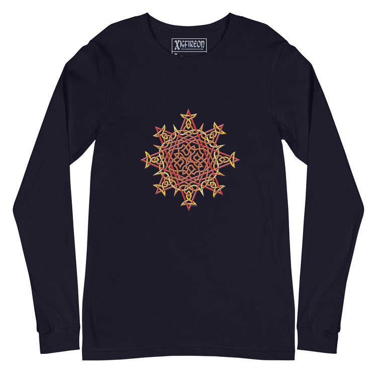 A navy blue Xigfireon long sleeve graphic t-shirt featuring the Fire Colour iteration of the `Morning Star Fire` Celtic knot design. The `Morning Star Fire` Celtic knot is a Sun symbol.