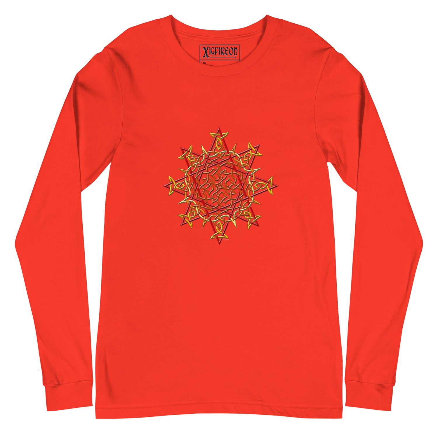 A poppy Xigfireon long sleeve graphic t-shirt featuring the Fire Colour iteration of the `Morning Star Fire` Celtic knot design. The `Morning Star Fire` Celtic knot is a Sun symbol.