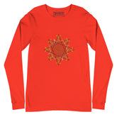 A poppy Xigfireon long sleeve graphic t-shirt featuring the Fire Colour iteration of the `Morning Star Fire` Celtic knot design. The `Morning Star Fire` Celtic knot is a Sun symbol.