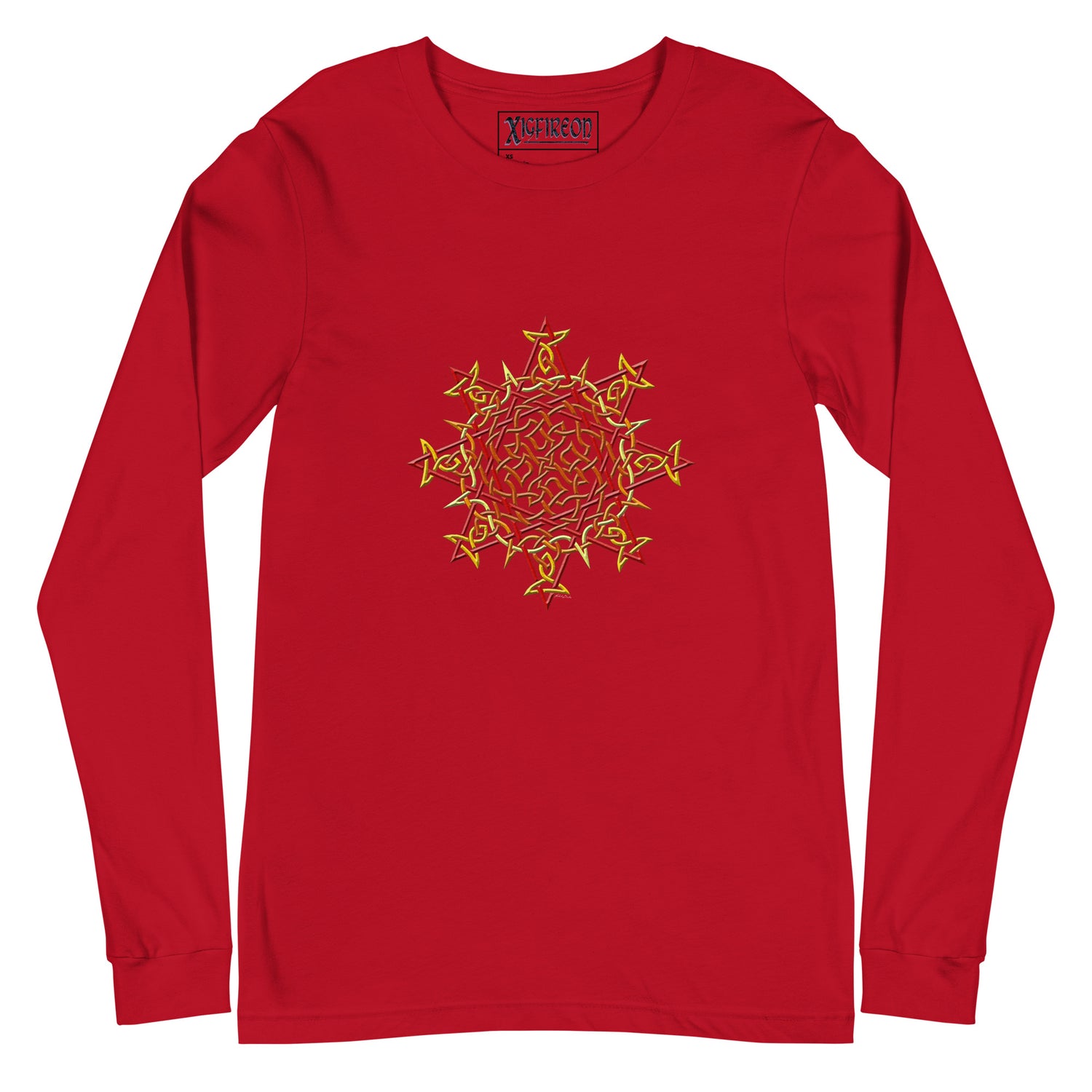 A red Xigfireon long sleeve graphic t-shirt featuring the Fire Colour iteration of the `Morning Star Fire` Celtic knot design. The `Morning Star Fire` Celtic knot is a Sun symbol.