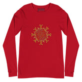 A red Xigfireon long sleeve graphic t-shirt featuring the Fire Colour iteration of the `Morning Star Fire` Celtic knot design. The `Morning Star Fire` Celtic knot is a Sun symbol.