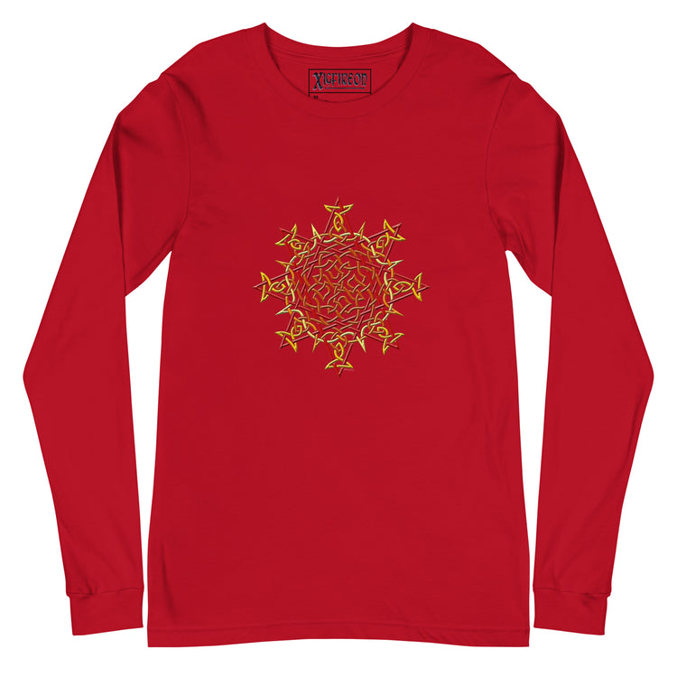 A red Xigfireon long sleeve graphic t-shirt featuring the Fire Colour iteration of the `Morning Star Fire` Celtic knot design. The `Morning Star Fire` Celtic knot is a Sun symbol.