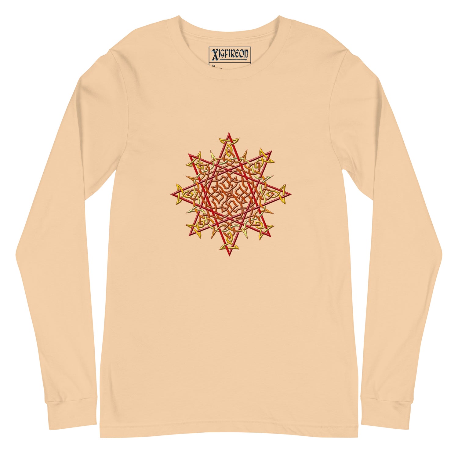 A sand dune Xigfireon long sleeve graphic t-shirt featuring the Fire Colour iteration of the `Morning Star Fire` Celtic knot design. The `Morning Star Fire` Celtic knot is a Sun symbol.