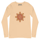 A sand dune Xigfireon long sleeve graphic t-shirt featuring the Fire Colour iteration of the `Morning Star Fire` Celtic knot design. The `Morning Star Fire` Celtic knot is a Sun symbol.