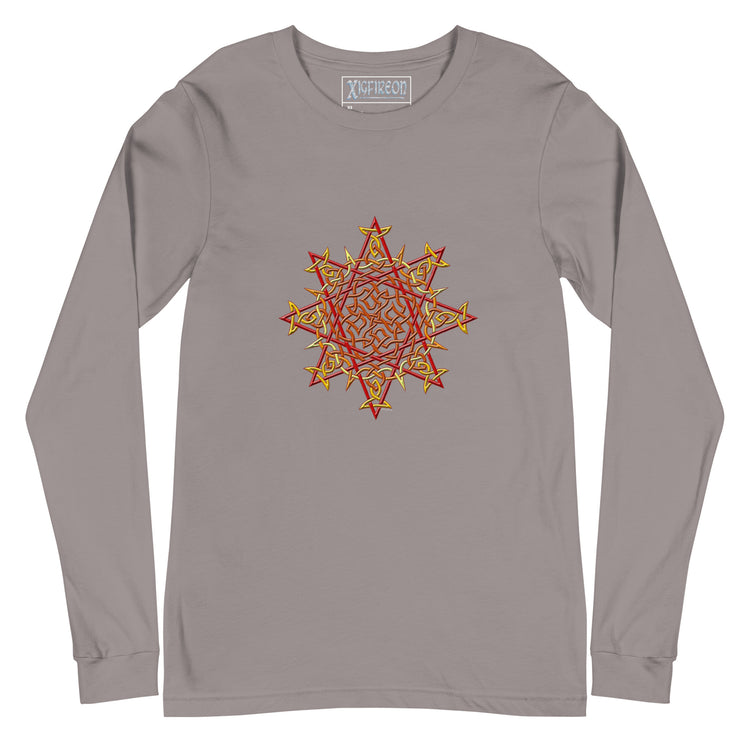 A storm grey Xigfireon long sleeve graphic t-shirt featuring the Fire Colour iteration of the `Morning Star Fire` Celtic knot design. The `Morning Star Fire` Celtic knot is a Sun symbol.