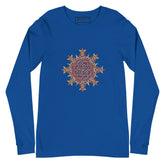 A true royal blue Xigfireon long sleeve graphic t-shirt featuring the Fire Colour iteration of the `Morning Star Fire` Celtic knot design. The `Morning Star Fire` Celtic knot is a Sun symbol.