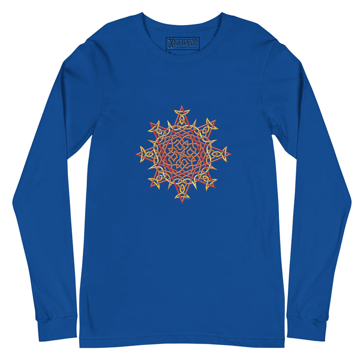 A true royal blue Xigfireon long sleeve graphic t-shirt featuring the Fire Colour iteration of the `Morning Star Fire` Celtic knot design. The `Morning Star Fire` Celtic knot is a Sun symbol.