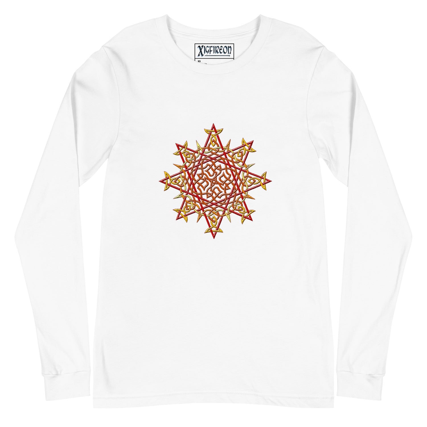 A white Xigfireon long sleeve graphic t-shirt featuring the Fire Colour iteration of the `Morning Star Fire` Celtic knot design. The `Morning Star Fire` Celtic knot is a Sun symbol.