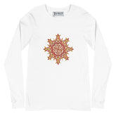 A white Xigfireon long sleeve graphic t-shirt featuring the Fire Colour iteration of the `Morning Star Fire` Celtic knot design. The `Morning Star Fire` Celtic knot is a Sun symbol.