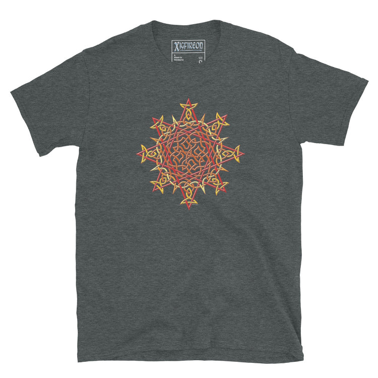 A dark heather Xigfireon graphic t-shirt featuring the Fire Colour iteration of the `Morning Star Fire` Celtic knot design. The `Morning Star Fire` Celtic knot symbolizes Father Sun and the eternal Cosmic Light.