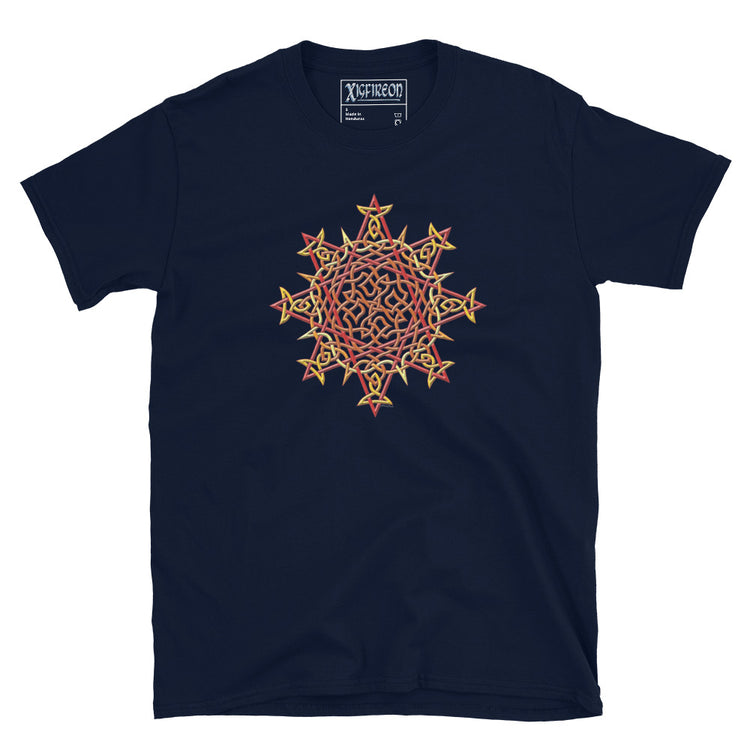 A navy blue Xigfireon graphic t-shirt featuring the Fire Colour iteration of the `Morning Star Fire` Celtic knot design. The `Morning Star Fire` Celtic knot symbolizes Father Sun and the eternal Cosmic Light.