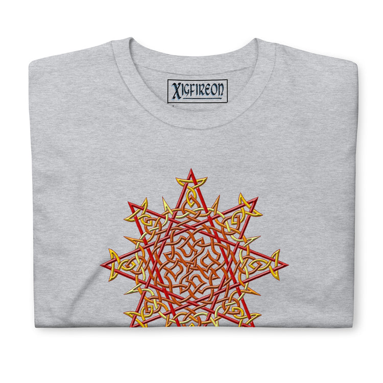 A folded sport grey Xigfireon graphic t-shirt featuring the Fire Colour iteration of the `Morning Star Fire` Celtic knot design. The `Morning Star Fire` Celtic knot symbolizes Father Sun.