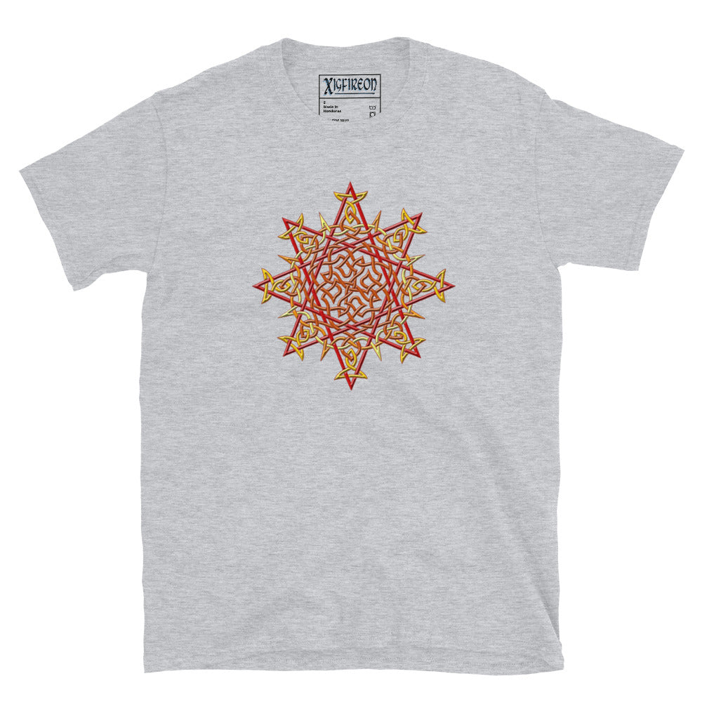 A sport grey Xigfireon graphic t-shirt featuring the Fire Colour iteration of the `Morning Star Fire` Celtic knot design. The `Morning Star Fire` Celtic knot symbolizes Father Sun and the eternal Cosmic Light.