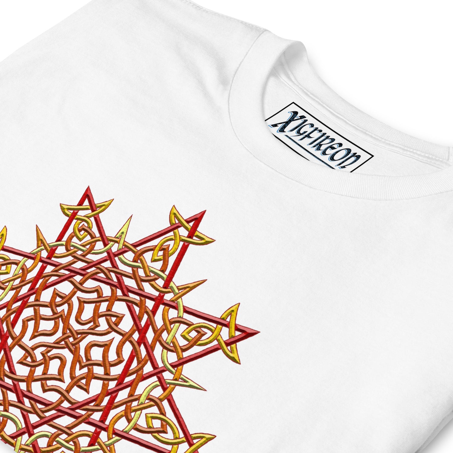 A close-up view of a white Xigfireon graphic t-shirt featuring the Fire Colour iteration of the `Morning Star Fire` Celtic knot design. The `Morning Star Fire` Celtic knot symbolizes Father Sun.