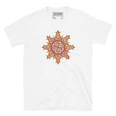 A white Xigfireon graphic t-shirt featuring the Fire Colour iteration of the `Morning Star Fire` Celtic knot design. The `Morning Star Fire` Celtic knot symbolizes Father Sun.